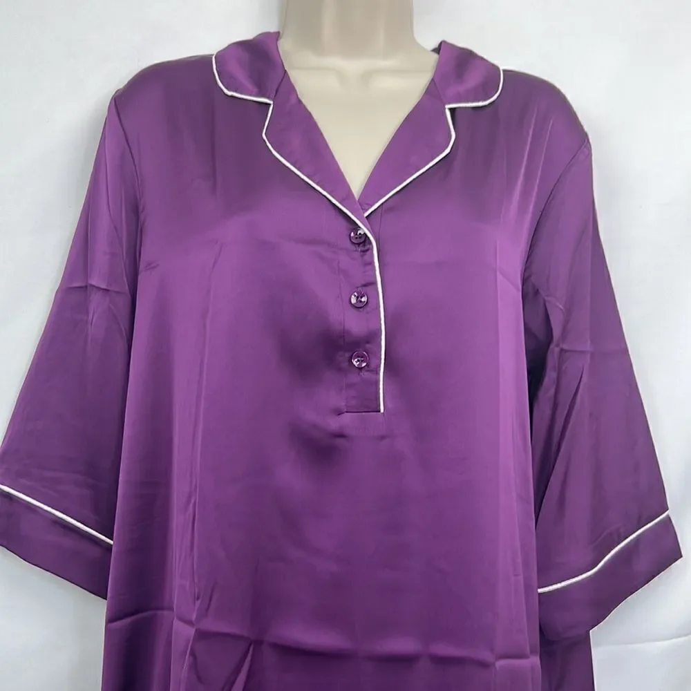 EKouaer Purple with white piping satin night shirt gown NWT size small